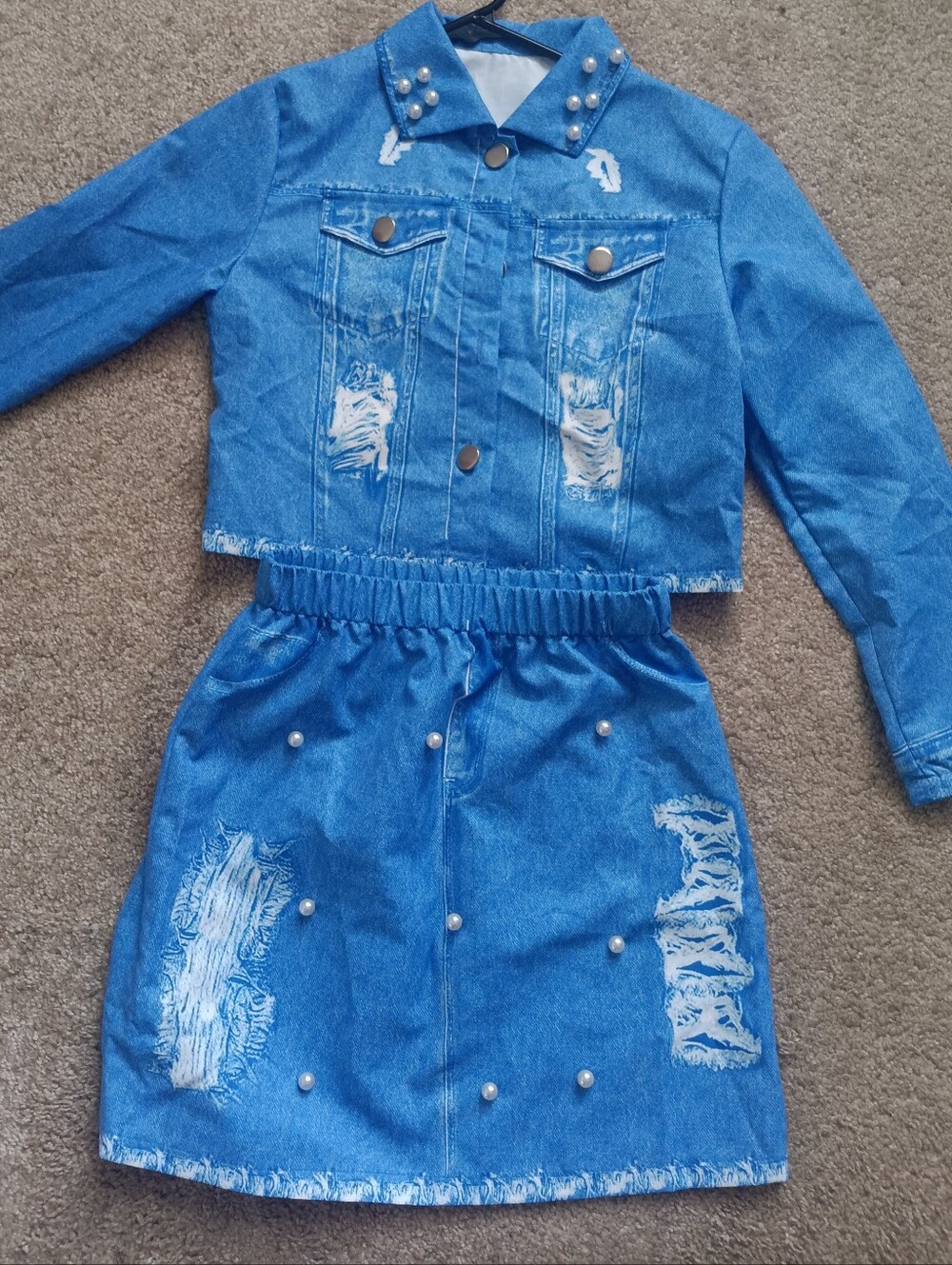 Girls' Blue Distressed Denim Jacket & Skirt Set with Pearl Accents